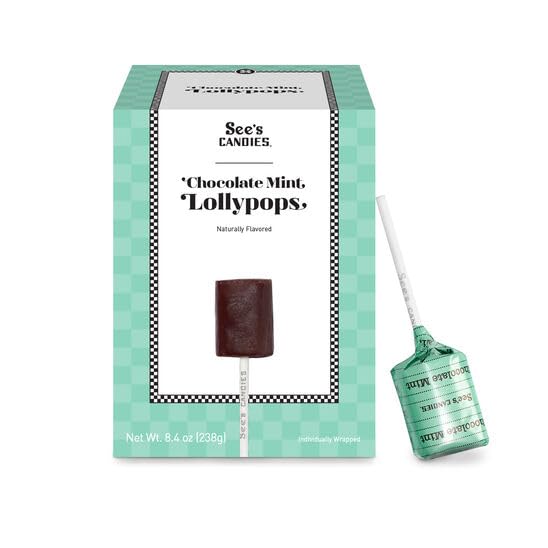 See's Candies Mint Chocolate Lollypops - Pack of 12, 8.4 oz